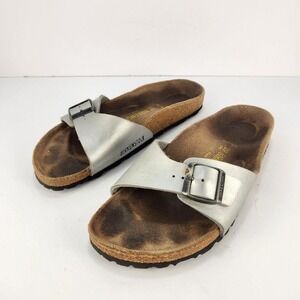 Birkenstock Madrid Silver Leather Slide Sandals Women's EU 39 US 8 Comfort